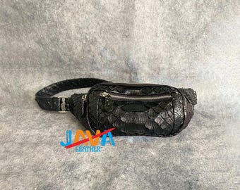 Black Python Snakeskin Waist Bag Genuine Leather Luxury Fanny Pack Handmade Unisex Belt Bag