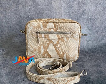 Cream Snakeskin Crossbody Bag Genuine Python Leather Mini Exotic Luxury Unisex Purse