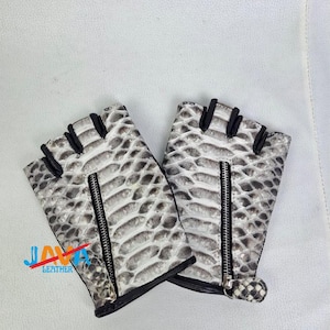 Python Leather Fingerless Gloves, Snakeskin Zipper Gloves, Luxury Handmade Unisex Exotic Gloves