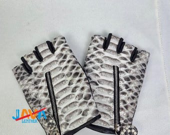 Python Leather Fingerless Gloves, Snakeskin Zipper Gloves, Luxury Handmade Unisex Exotic Gloves