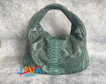 Green Python Snakeskin Hobo Bag Luxury Exotic Leather Shoulder Handbag Gift for Her