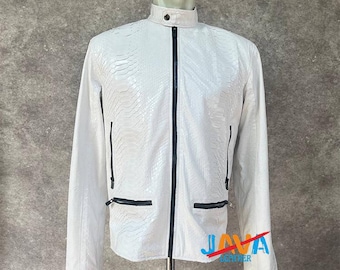 White Python Snakeskin Leather Jacket Handmade Luxury Exotic Statement Fashion