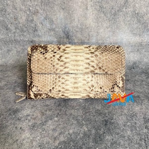Echte damesportemonnee met slangenleer python – luxe portemonnee met lange ritssluiting en binnenkant van lamsleer