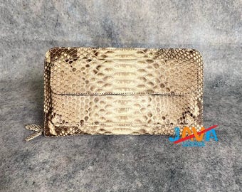Genuine Python Snakeskin Women Wallet – Luxury Long Zipper Wallet with Lambskin Interior