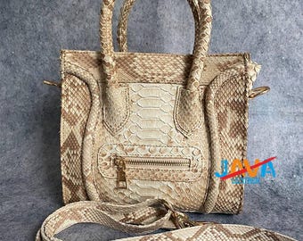 Cream Snakeskin Handbag Python Leather Tote Small Exotic Luxury Purse for Women Handmade