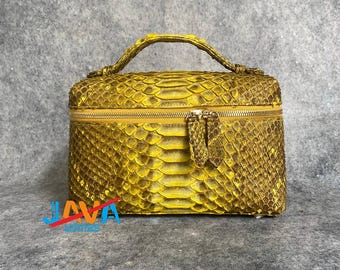 Gold Snakeskin Travel Bag for Women, Python Leather Toiletry Pouch, Luxury Organizer