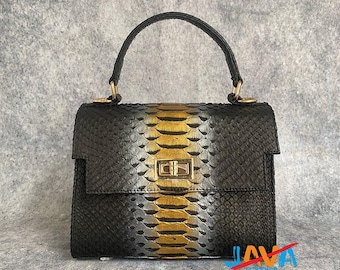 Luxury Snakeskin Handbag, Genuine Python Leather Top Handle Purse, Exotic Handmade Bag