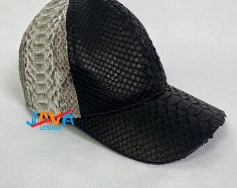Python Snakeskin Cap Handmade Exotic Leather Baseball Hat Luxury Black Natural Custom Size