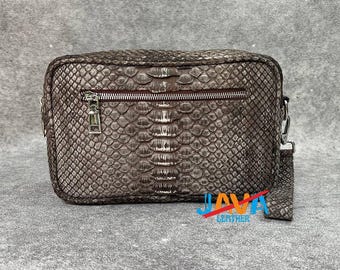 Mens Snakeskin Pouch Bag, Python Leather Toiletry Bag, Exotic Leather Clutch, Luxury Travel Grooming Bag