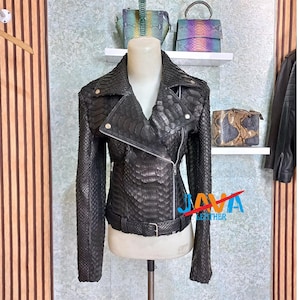 Chaqueta de piel de pitón para mujer, de piel de serpiente negra, estilo motero, hecha a mano, de lujo, exótica.