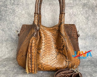 Python Snakeskin Handbag Genuine Exotic Leather Tote Brown Luxury Purse for Women Handmade
