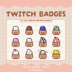 Op de afbeelding: Een verzameling van 12 pixel art ijsbeer badges in verschillende smaken, waaronder vanille, chocolade en aardbei. De tekst "TWITCH BADGES" en "12 ICE CREAM BEAR BADGES" worden weergegeven. De badges zijn beschikbaar in 18x18, 36x36 en 72x72 formaten.