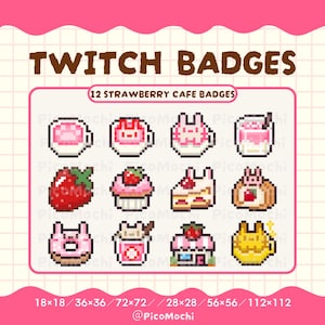 Può includere: Un set di 12 badge Twitch in pixel art intitolati TWITCH BADGES e 12 STRAWBERRY CAFE BADGES. Le icone raffigurano bevande, torte, ciambelle e dolcetti a forma di animale a tema fragola nei colori rosa, rosso, bianco e marrone su sfondo a griglia.