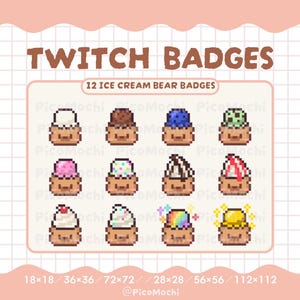 Może przedstawiać: Zestaw 12 odznak Twitch w stylu pixel art przedstawiających głowy brązowych niedźwiedzi z różnymi gałkami lodów, w tym czekoladowymi, truskawkowymi, miętowymi i tęczowymi. Tekst głosi TWITCH BADGES, 12 ICE CREAM BEAR BADGES oraz @PicoMochi.