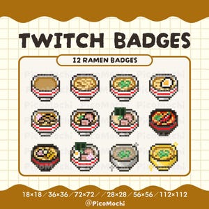 Pixel Art Ramen Twitch Sub Badges & Emotes | Bit Badges | 12 Japanese Noodle Evolution Set for Streamers, VTubers, Discord |Digital Download