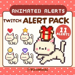 May include: A digital Twitch alert pack featuring pixel art of white cats. The graphic displays the text ANIMATED ALERTS, TWITCH ALERT PACK, 11 ALERTS, and @PicoMochi. The cats are shown with various icons including a red heart, yellow star, gold coin, purple diamond, and a gift box with a red bow.