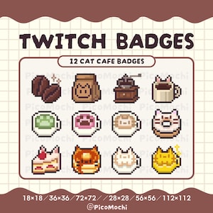 Może przedstawiać: Zestaw 12 odznak Twitch w stylu pixel art z napisami TWITCH BADGES oraz 12 CAT CAFE BADGES. Ikony przedstawiają ziarna kawy, torebkę z kocim pyszczkiem, młynek oraz różne kubki, wypieki i napoje z motywem kota w odcieniach brązu i różu.