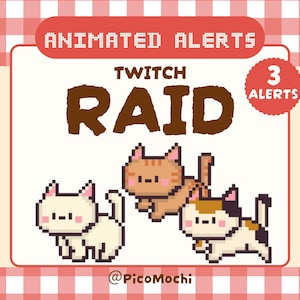 Puede incluir: Alertas animadas de Twitch con gatos pixelados. La imagen incluye el texto "Animated Alerts" y "Twitch Raid" con tres indicadores de alerta. El diseño tiene un borde a cuadros rojo y blanco y el nombre del artista, @PicoMochi.