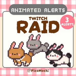 Peut inclure: Un graphique numérique avec le texte ANIMATED ALERTS, TWITCH RAID et 3 ALERTS. Trois lapins en pixel art de couleur marron, gris, et noir et blanc sont affichés. Le bas du graphique inclut le texte @PicoMochi sur un fond blanc.