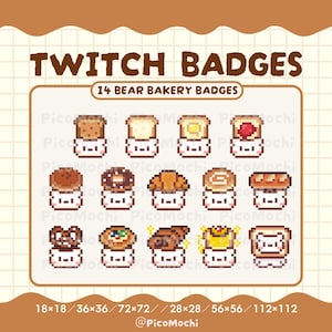 Söta Björnbageri Pixel Twitch Sub-märken och Emotes | 14 Kawaii Bröd- och Bakverksmärken för Streamers | Discord, Youtube | Digital Nedladdning