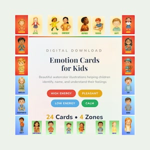 May include: Digital download of emotion cards for kids. The cards feature watercolor illustrations of children expressing various feelings, such as happy, sad, and confused. The text on the cards reads "Emotion Cards for Kids" and "24 Cards • 4 Zones".
