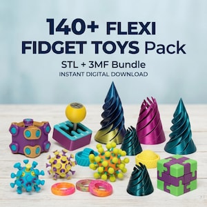 May include: A selection of vibrant 3D-printed flexi fidget toys. The image showcases diverse shapes like gears, cones, and geometric forms, with text reading "140+ FLEXI FIDGET TOYS Pack". The toys are in shades of purple, teal, yellow, and pink.