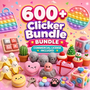 以下が含まれることがあります： ポップイット、フィジェットキューブ、テーマ別のストレスボールなど、カラフルなクリッカーおもちゃのコレクションを紹介する鮮やかな画像。カップケーキ、サボテン、ハートなど、さまざまな形やデザインが特徴で、「600+ Clicker Bundle」というテキストが表示されています。