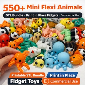 May include: A collection of colorful, mini flexi animal toys, including an orange octopus held by a hand. The image features various animals in different colors, with text that reads "550+ Mini Flexi Animals" and "Fidget Toys". The toys are designed to be 3D printed.