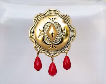 Victorian Gold Brooch with Red Coral Dangles