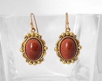 Victorian Goldstone Earrings with Gold Dot Setting