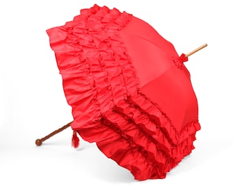 1870s Antique Parasol Frame with exact match Red Silk Taffeta and Trim Reproduction Canopy