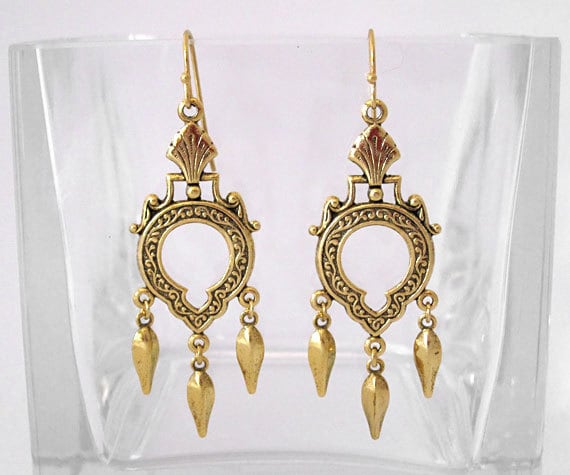 Victorian Gold Keyhole Chandelier Earrings with Dangles