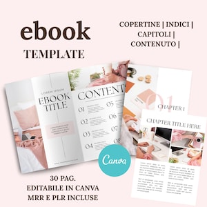 Può includere: Un modello di ebook nei toni del rosa e del bianco. Presenta esempi di pagine di contenuto, un layout di capitolo e il testo "ebook TEMPLATE". Il logo Canva è visibile, insieme al testo "30 PAG. EDITABILE IN CANVA MRR E PLR INCLUSE".