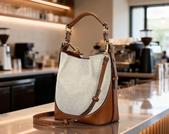 Panelled Canvas Bucket Bag – Designer Style Women’s Shoulder & Crossbody Handbag