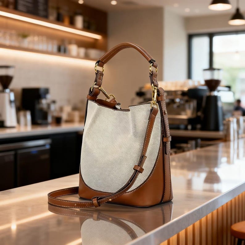 May include: A stylish handbag with a white canvas body and brown leather accents. The bag features a top handle and a detachable shoulder strap. Gold-colored hardware adds a touch of elegance. The bag is set against a blurred cafe background.