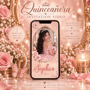 May include: A smartphone displaying a Quinceañera invitation video with a portrait of a person in a pink gown, the name Sophia, and butterfly accents. The screen features text including Quinceañera Invitation Video, A Magical Way To Invite, Beautiful Animations, Easy To Share, Perfect For Her Special Day, and Luxury Animated Digital Invite.