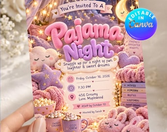 Invito per pigiama party di compleanno, invito per festa in pigiama per ragazze, festa in pigiama rosa e nera, modello Canva modificabile