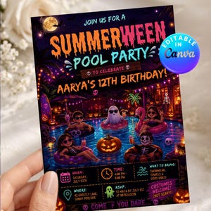 Summerween Birthday Pool Party Invitation Editable Canva Template Spooky Summer Splash Bash Halloween Swim Evite Digital Download