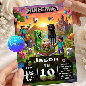 Puede incluir: Una colorida invitación de cumpleaños con temática de Minecraft. El diseño presenta personajes icónicos, una tarta de cumpleaños y el texto "Minecraft" en la parte superior. La invitación incluye el nombre "Jason", la edad "10", la fecha, la hora y los detalles del lugar.