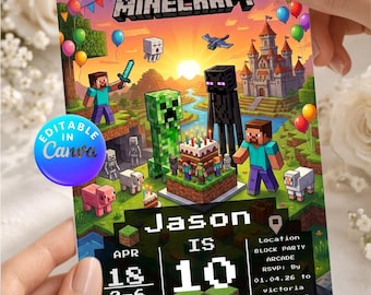 Minecraft Geburtstagseinladung Vorlage, Gamer Party Karte, bearbeitbare Canva, Pixel Block Spiel Thema, druckbare Kinder einladen, (Instant Download).