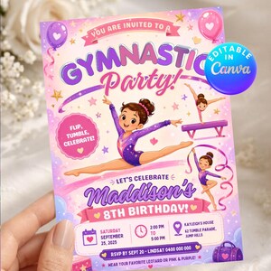 Gymnastics Birthday Invitation Pink Gymnastic Invitations Gymnast Party Template Girl Celestial Digital