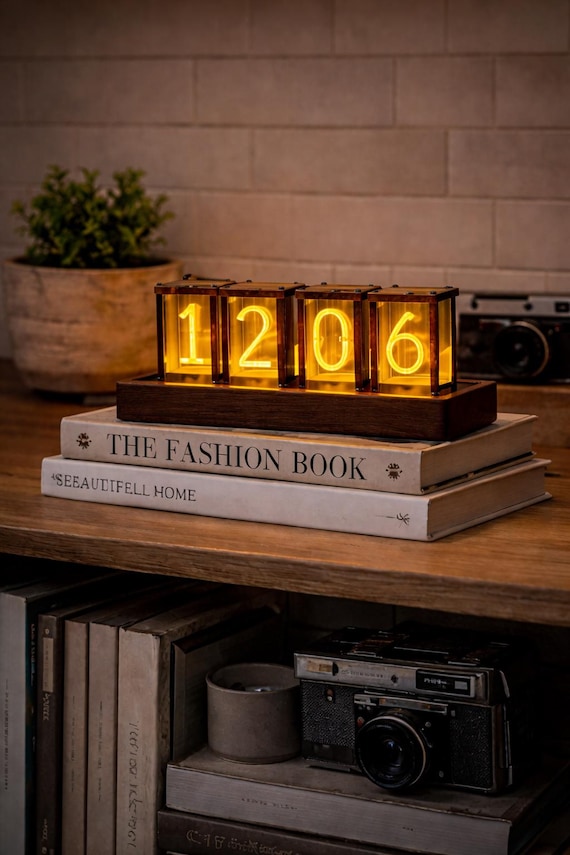 Square RGB LED Nixie Clock, Walnut Base, Retro Desk Decor, USB Powered