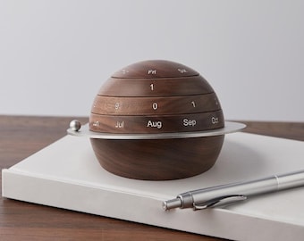 Wooden Saturn Perpetual Calendar, Black Walnut Desk Decor, Aluminum Ring, Minimalist Office Item