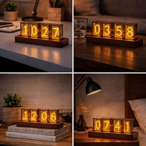 Square RGB LED Nixie Clock, Walnut Base, Retro Desk Decor, USB Powered image 3