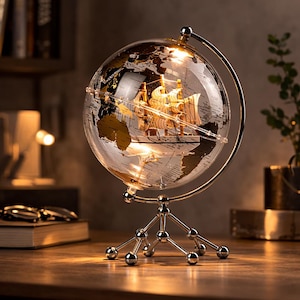Puede incluir: Un globo decorativo con una esfera de vidrio transparente, que presenta un mapa de color dorado y un modelo de barco detallado en el interior. El globo se encuentra sobre un soporte de metal plateado con una base de trípode, iluminado por una luz interna.