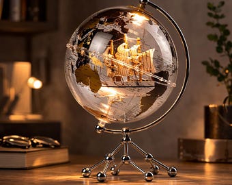 Lámpara de globo iluminada con barco: lámpara de escritorio náutica, decoración vintage del mundo