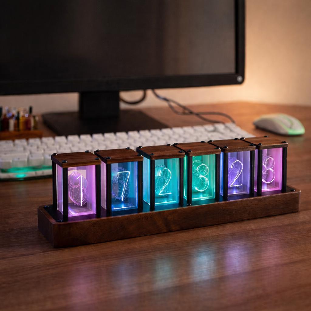RGB Nixie-style LED Clock, Walnut Wood Base, Steampunk Desk Decor (USB ...