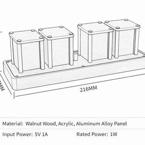 May include: A schematic diagram of a digital clock. The clock features four rectangular display units, each with a square top, mounted on a rectangular base. Dimensions are provided: 75mm high, 60mm wide, and 216mm long. The clock is made of walnut wood, acrylic, and aluminum alloy.