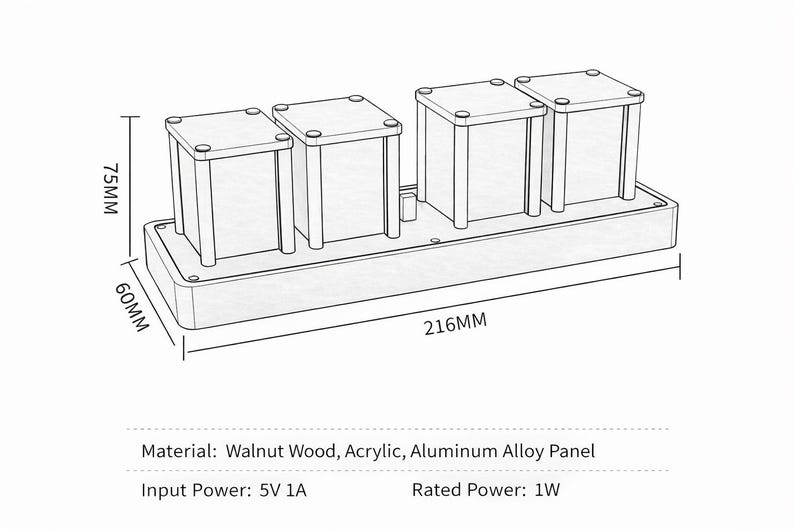 May include: A schematic diagram of a digital clock. The clock features four rectangular display units, each with a square top, mounted on a rectangular base. Dimensions are provided: 75mm high, 60mm wide, and 216mm long. The clock is made of walnut wood, acrylic, and aluminum alloy.
