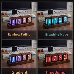 May include: A digital clock with multiple display modes, including rainbow fading, breathing mode, gradient, and time jump. The clock displays the numbers "1722" in a variety of colors. The text "Multiple Cool Display Modes" is at the top.